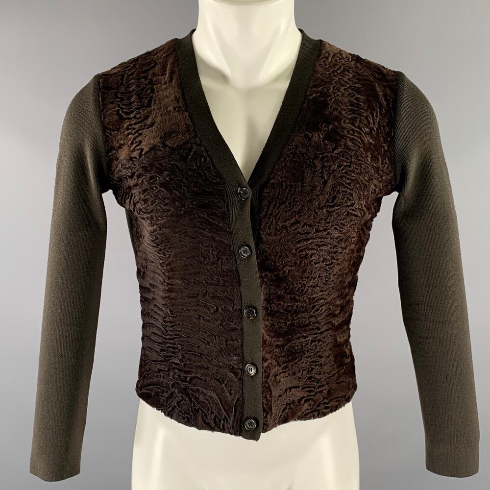 PRADA Size S Brown Lamb Fur Ribbed Wool Cardigan